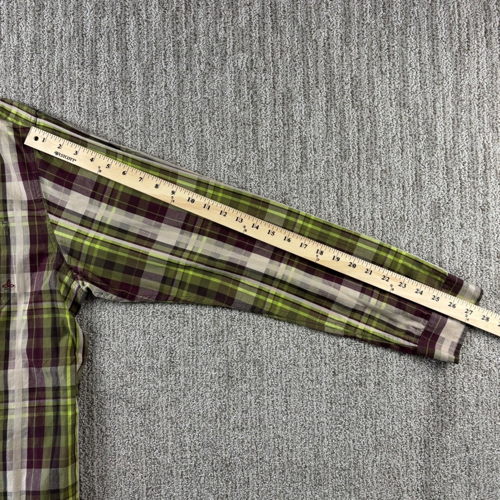 Prana Men's XL Plaid Pearl Snap Shirt Green Burgundy Beige Long Sleeve‎ Outdoor - Picture 10 of 12